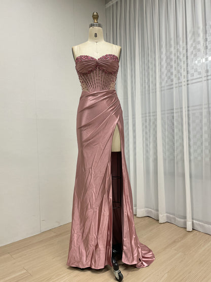 Wine Satin Prom Dress Sweetheart Beaded Corset High Slit Gown MB40449