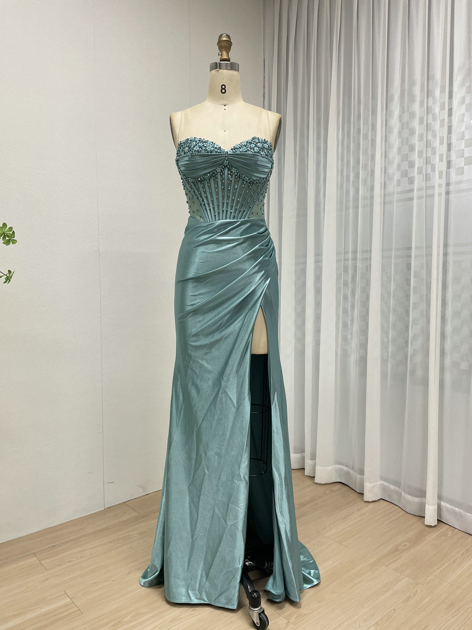 Wine Satin Prom Dress Sweetheart Beaded Corset High Slit Gown MB40449