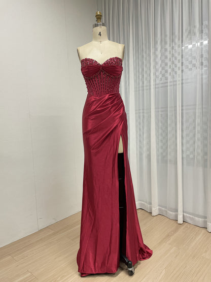 Wine Satin Prom Dress Sweetheart Beaded Corset High Slit Gown MB40449