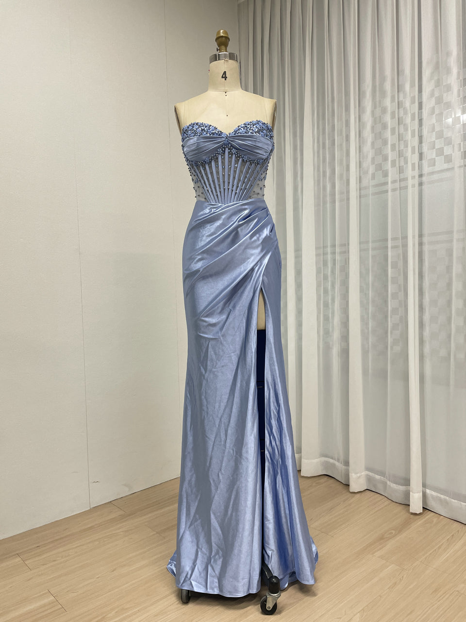 Wine Satin Prom Dress Sweetheart Beaded Corset High Slit Gown MB40449