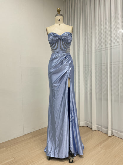 Wine Satin Prom Dress Sweetheart Beaded Corset High Slit Gown MB40449