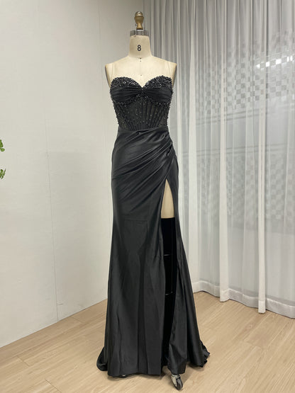 Wine Satin Prom Dress Sweetheart Beaded Corset High Slit Gown MB40449