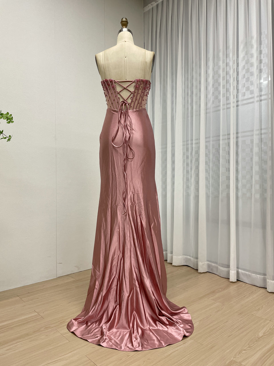 Wine Satin Prom Dress Sweetheart Beaded Corset High Slit Gown MB40449