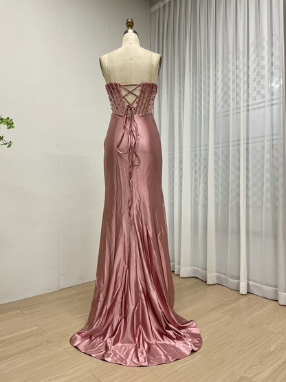 Wine Satin Prom Dress Sweetheart Beaded Corset High Slit Gown MB40449
