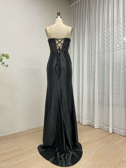 Wine Satin Prom Dress Sweetheart Beaded Corset High Slit Gown MB40449