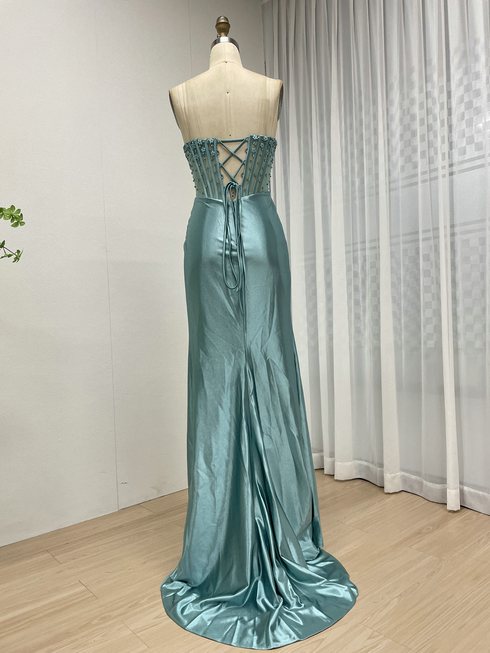 Wine Satin Prom Dress Sweetheart Beaded Corset High Slit Gown MB40449