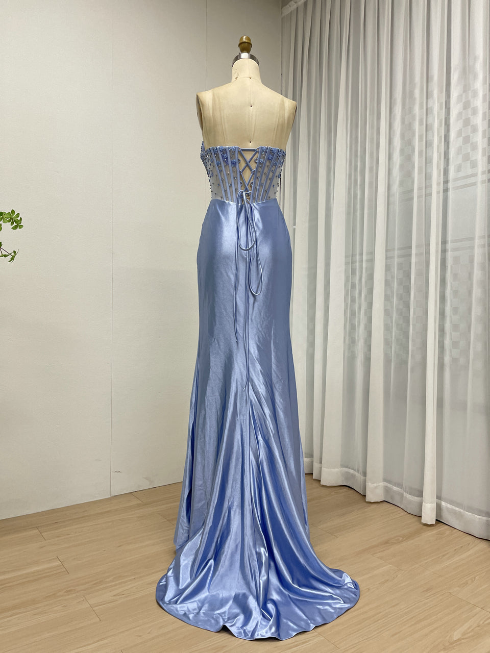 Wine Satin Prom Dress Sweetheart Beaded Corset High Slit Gown MB40449