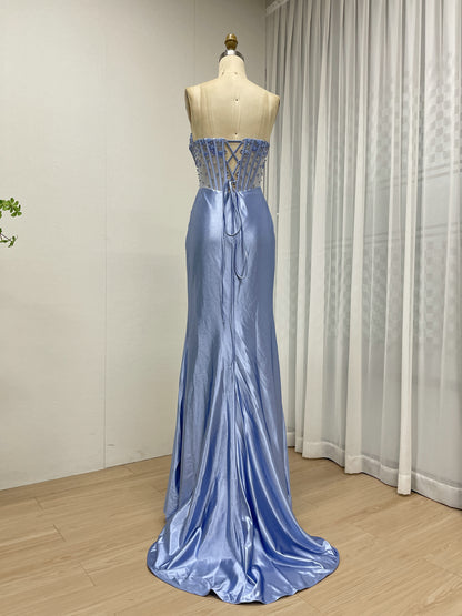 Wine Satin Prom Dress Sweetheart Beaded Corset High Slit Gown MB40449