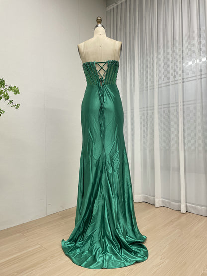 Wine Satin Prom Dress Sweetheart Beaded Corset High Slit Gown MB40449