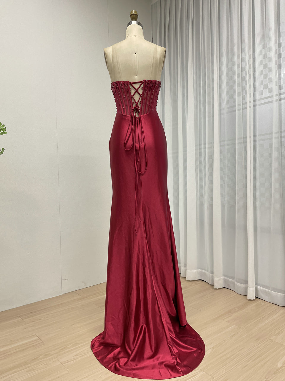 Wine Satin Prom Dress Sweetheart Beaded Corset High Slit Gown MB40449