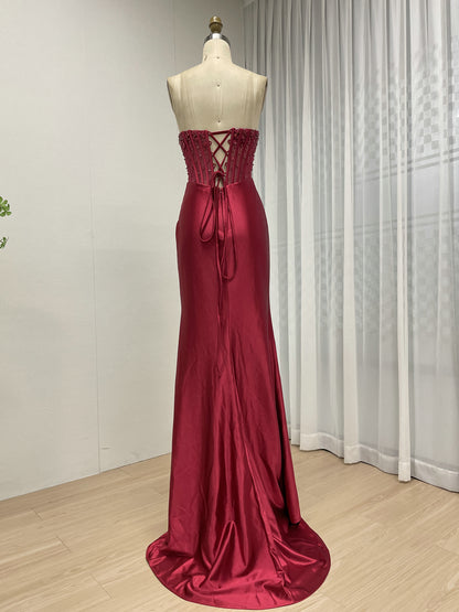 Wine Satin Prom Dress Sweetheart Beaded Corset High Slit Gown MB40449