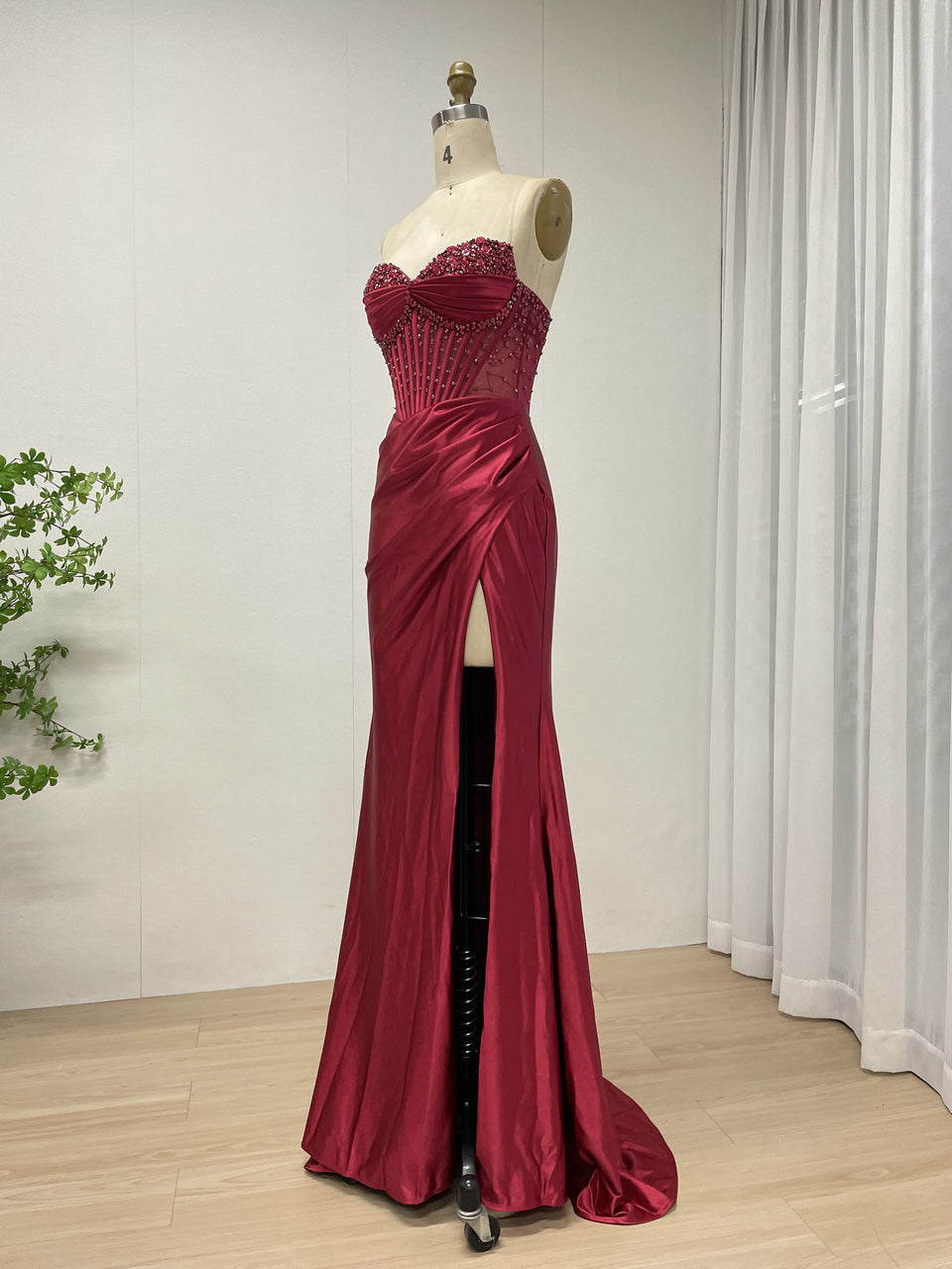 Wine Satin Prom Dress Sweetheart Beaded Corset High Slit Gown MB40449