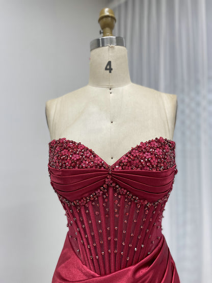 Wine Satin Prom Dress Sweetheart Beaded Corset High Slit Gown MB40449