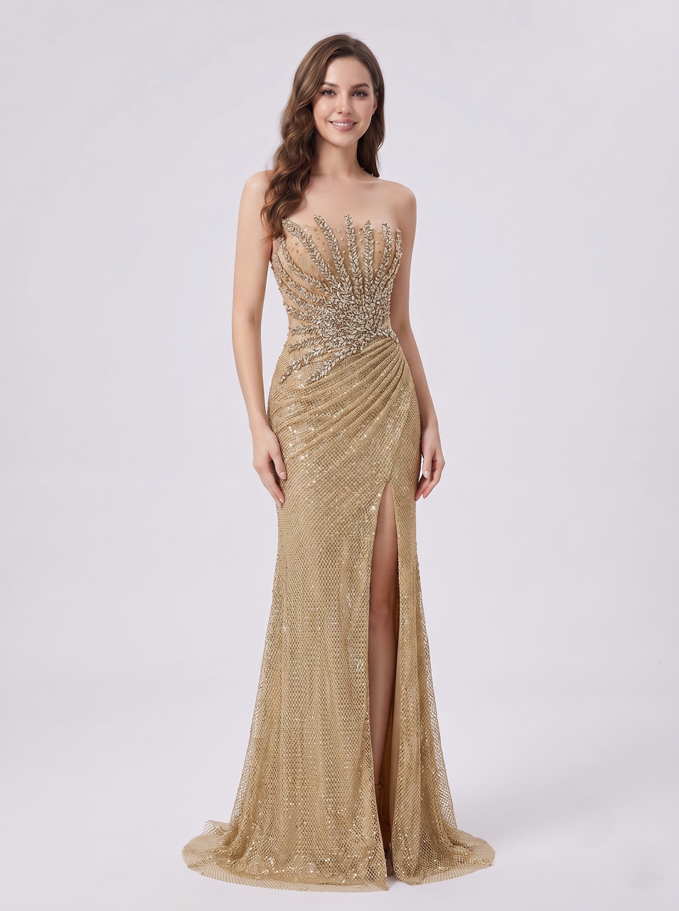Luxury champagne crystal beaded mermaid evening dress with illusion strapless neckline, metallic mesh skirt and elegant high slit