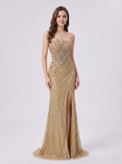 Luxury champagne crystal beaded mermaid evening dress with illusion strapless neckline, metallic mesh skirt and elegant high slit