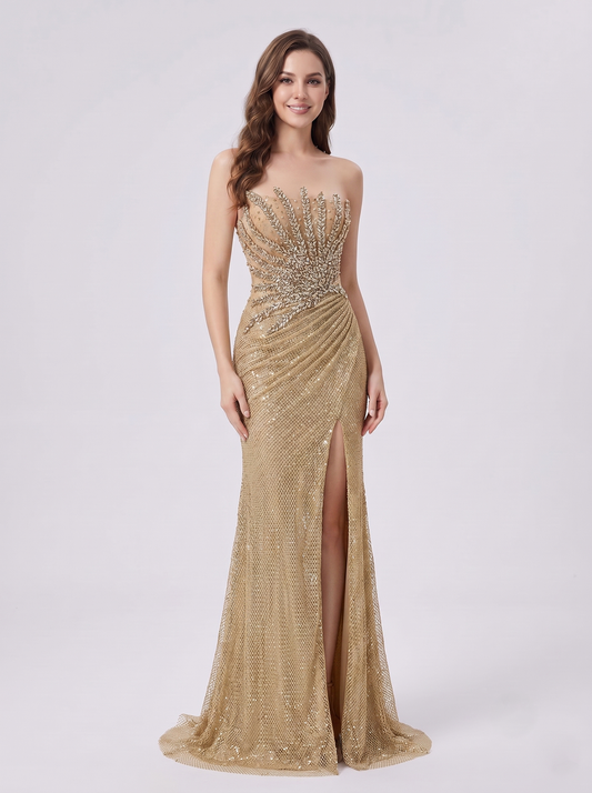 Luxury champagne crystal beaded mermaid evening dress with illusion strapless neckline, metallic mesh skirt and elegant high slit