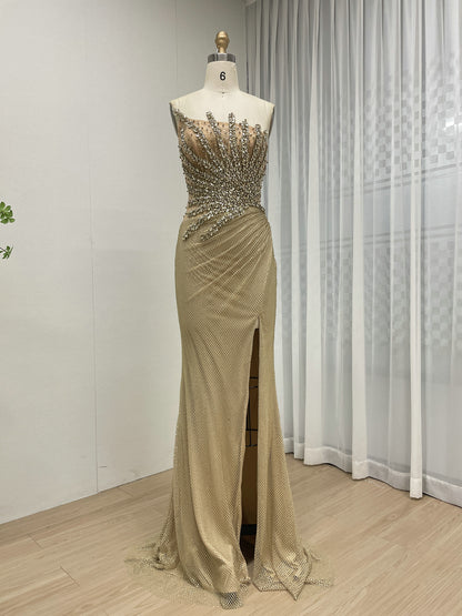 Luxury Champagne Crystal Beaded Mermaid Evening Dress | Strapless High Slit Couture Gown MB40450