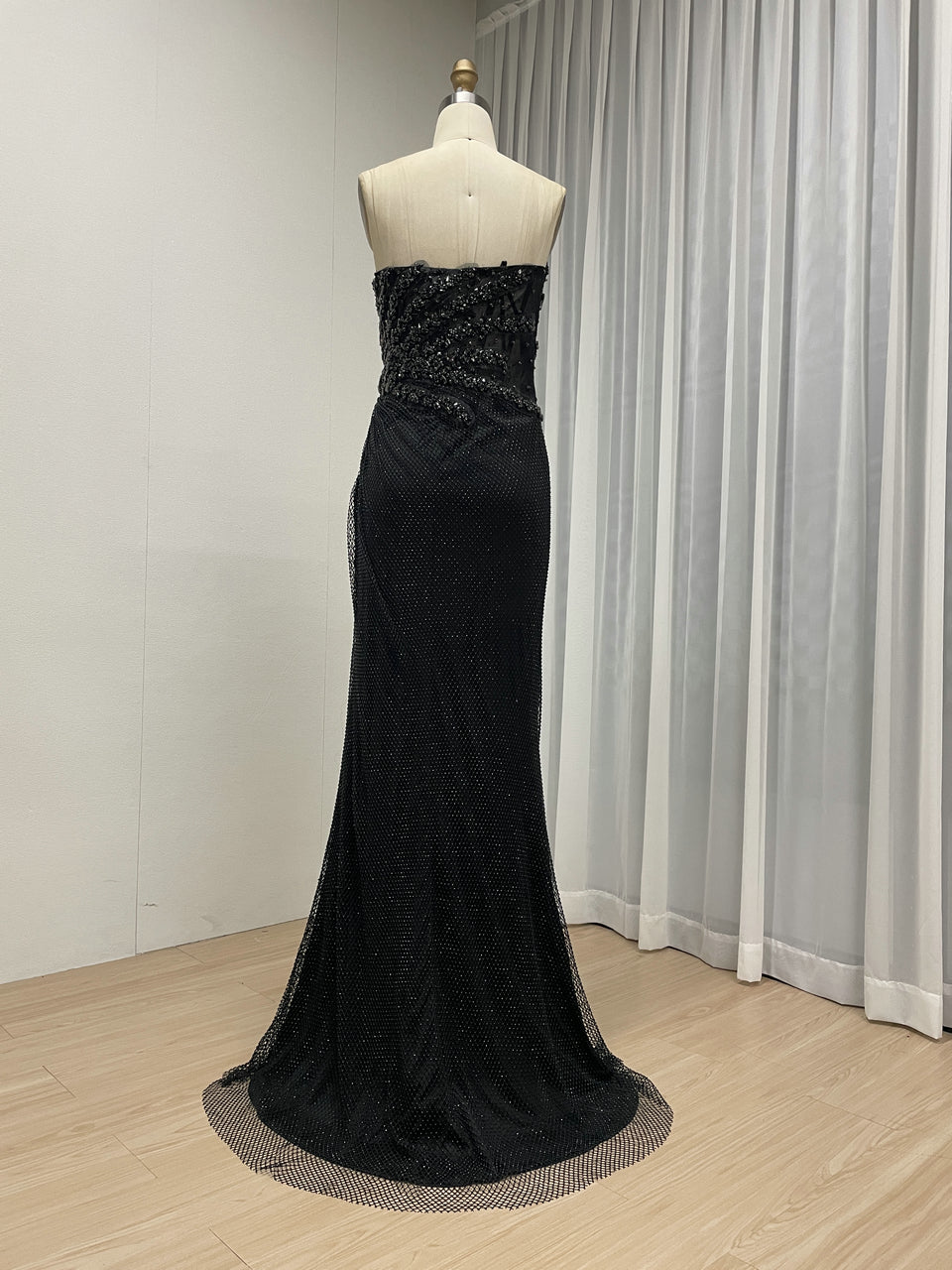 Luxury Champagne Crystal Beaded Mermaid Evening Dress | Strapless High Slit Couture Gown MB40450