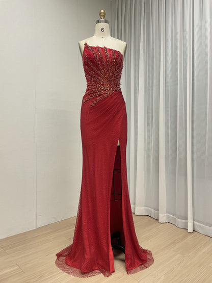 Luxury Champagne Crystal Beaded Mermaid Evening Dress | Strapless High Slit Couture Gown MB40450