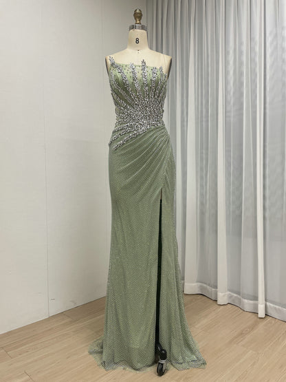 Luxury Champagne Crystal Beaded Mermaid Evening Dress | Strapless High Slit Couture Gown MB40450