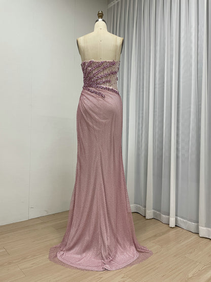 Luxury Champagne Crystal Beaded Mermaid Evening Dress | Strapless High Slit Couture Gown MB40450