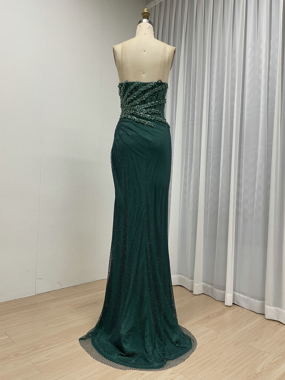 Luxury Champagne Crystal Beaded Mermaid Evening Dress | Strapless High Slit Couture Gown MB40450