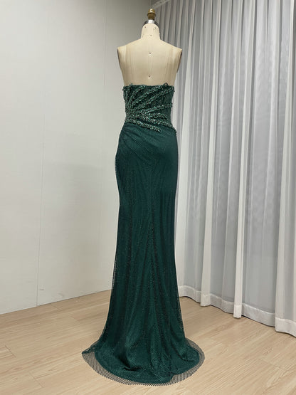Luxury Champagne Crystal Beaded Mermaid Evening Dress | Strapless High Slit Couture Gown MB40450