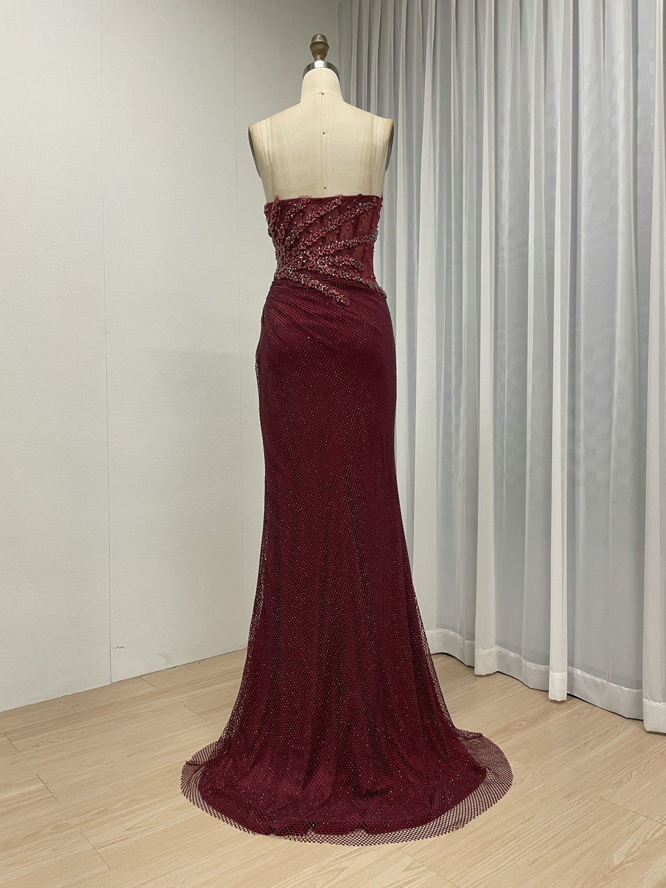 Luxury Champagne Crystal Beaded Mermaid Evening Dress | Strapless High Slit Couture Gown MB40450