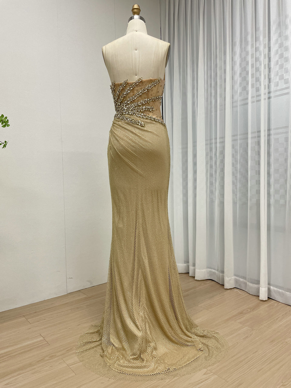Luxury Champagne Crystal Beaded Mermaid Evening Dress | Strapless High Slit Couture Gown MB40450