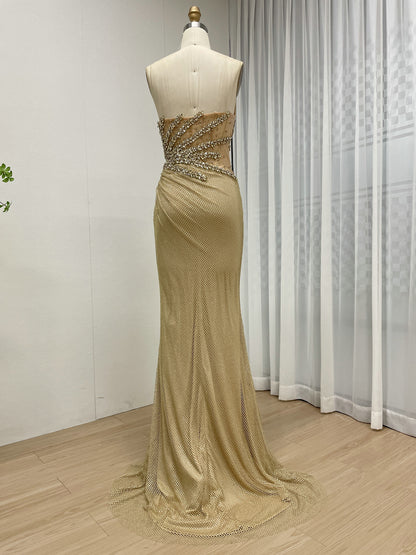 Luxury Champagne Crystal Beaded Mermaid Evening Dress | Strapless High Slit Couture Gown MB40450