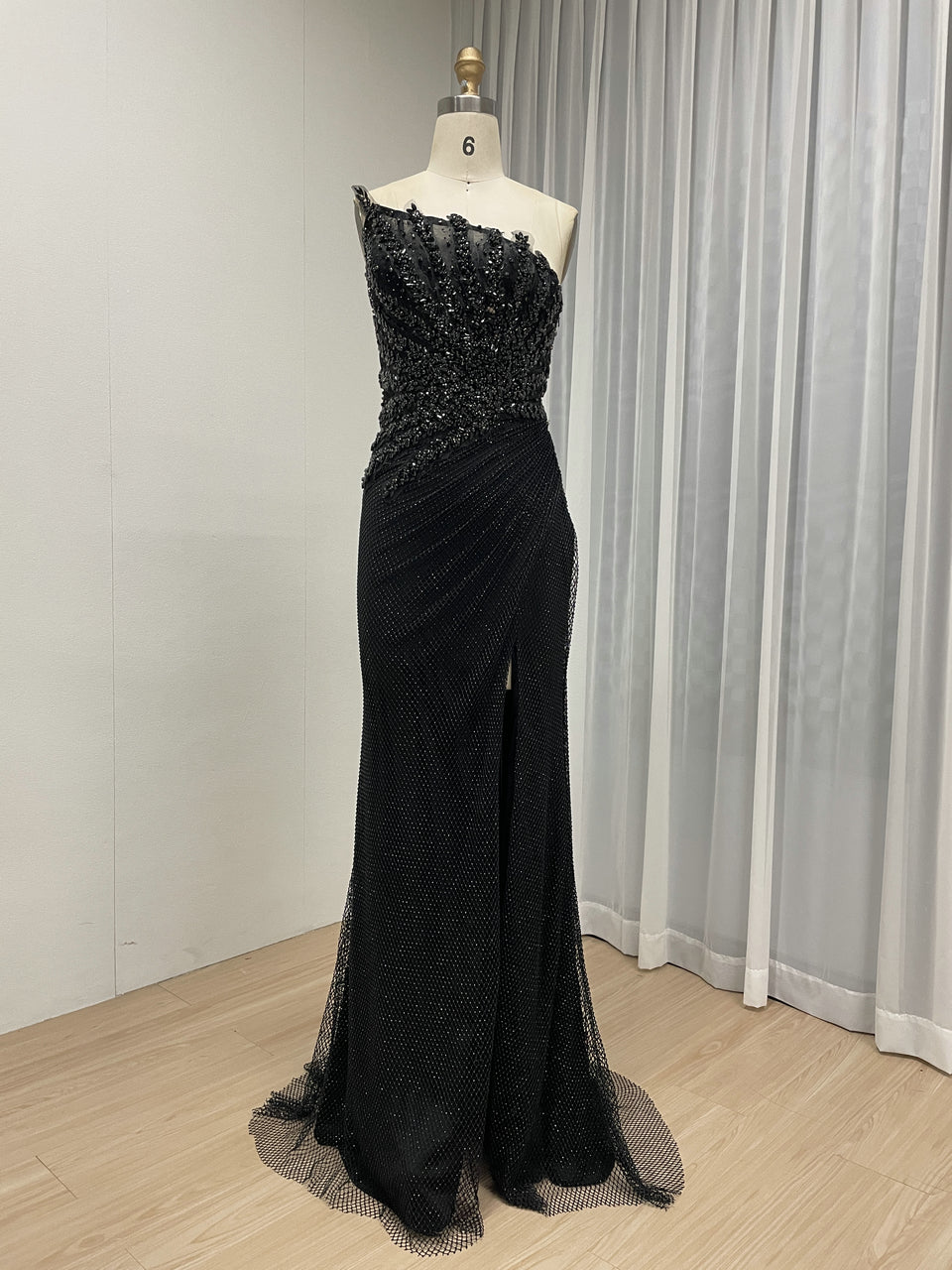 Luxury Champagne Crystal Beaded Mermaid Evening Dress | Strapless High Slit Couture Gown MB40450