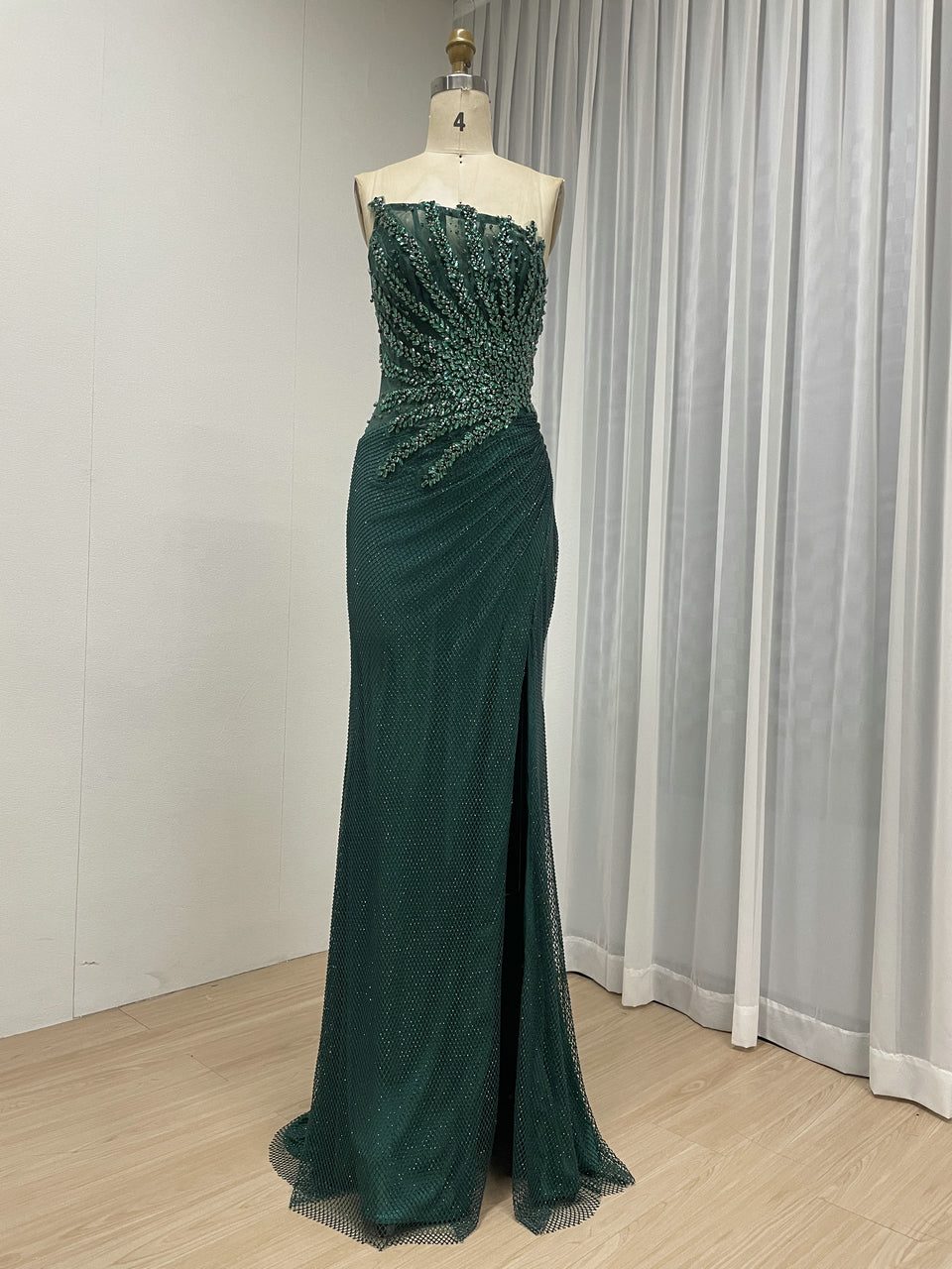 Luxury Champagne Crystal Beaded Mermaid Evening Dress | Strapless High Slit Couture Gown MB40450