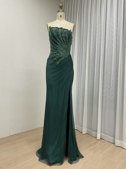 Luxury Champagne Crystal Beaded Mermaid Evening Dress | Strapless High Slit Couture Gown MB40450