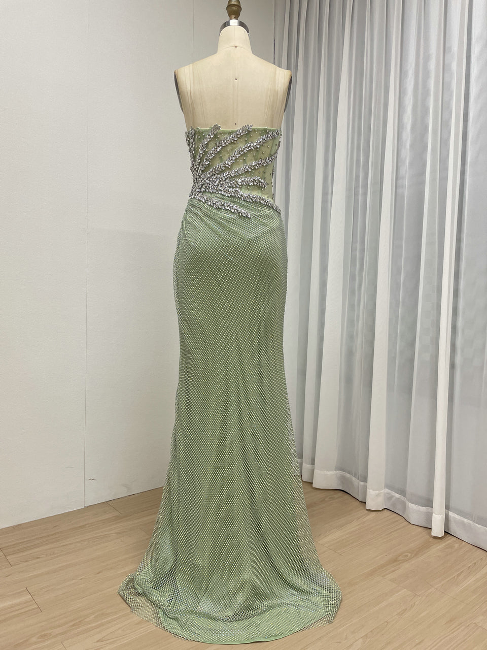 Luxury Champagne Crystal Beaded Mermaid Evening Dress | Strapless High Slit Couture Gown MB40450