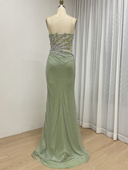 Luxury Champagne Crystal Beaded Mermaid Evening Dress | Strapless High Slit Couture Gown MB40450