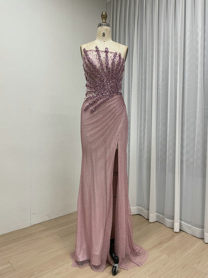 Luxury Champagne Crystal Beaded Mermaid Evening Dress | Strapless High Slit Couture Gown MB40450