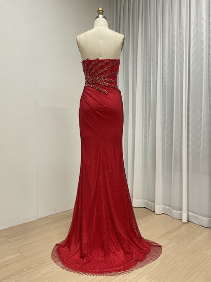 Luxury Champagne Crystal Beaded Mermaid Evening Dress | Strapless High Slit Couture Gown MB40450