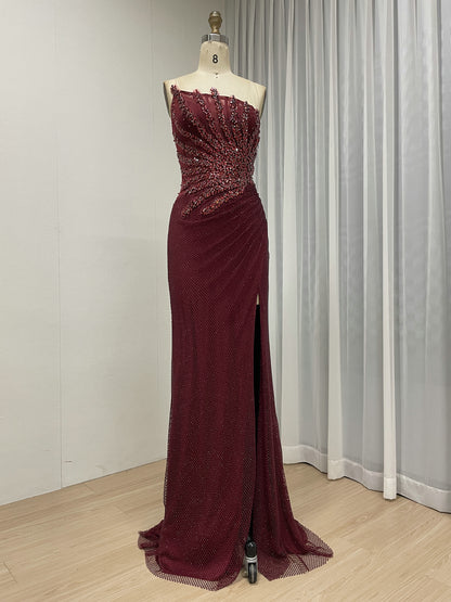Luxury Champagne Crystal Beaded Mermaid Evening Dress | Strapless High Slit Couture Gown MB40450