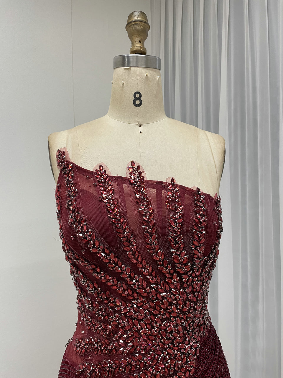 Luxury Champagne Crystal Beaded Mermaid Evening Dress | Strapless High Slit Couture Gown MB40450
