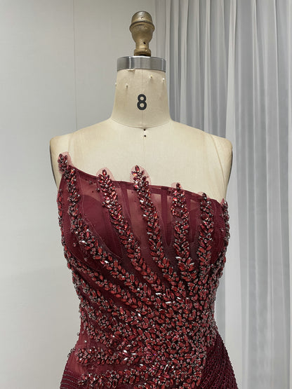 Luxury Champagne Crystal Beaded Mermaid Evening Dress | Strapless High Slit Couture Gown MB40450