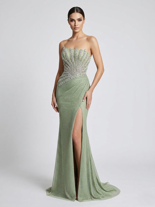 Sage Green Rhinestone Illusion Prom Dress with High Slit MB40450