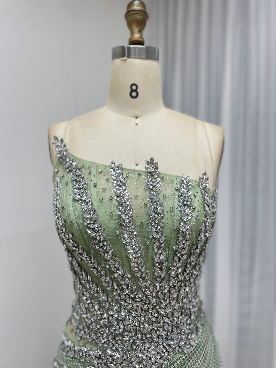 Luxury Champagne Crystal Beaded Mermaid Evening Dress | Strapless High Slit Couture Gown MB40450