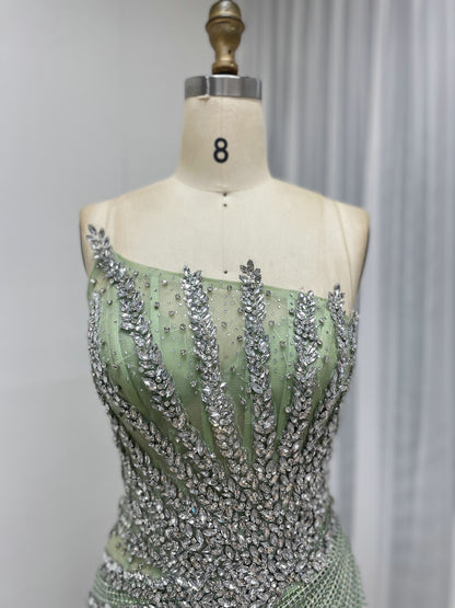 Luxury Champagne Crystal Beaded Mermaid Evening Dress | Strapless High Slit Couture Gown MB40450