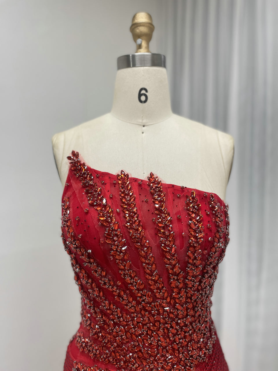 Luxury Champagne Crystal Beaded Mermaid Evening Dress | Strapless High Slit Couture Gown MB40450