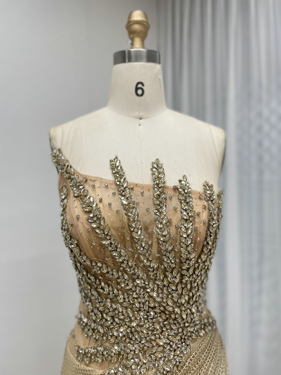 Luxury Champagne Crystal Beaded Mermaid Evening Dress | Strapless High Slit Couture Gown MB40450