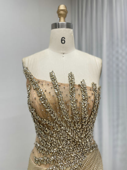 Luxury Champagne Crystal Beaded Mermaid Evening Dress | Strapless High Slit Couture Gown MB40450