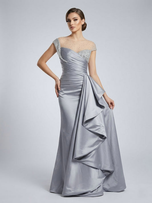 Grey Satin Column Evening Gown with Crystal Beading Bodice & Side Drape MB40453