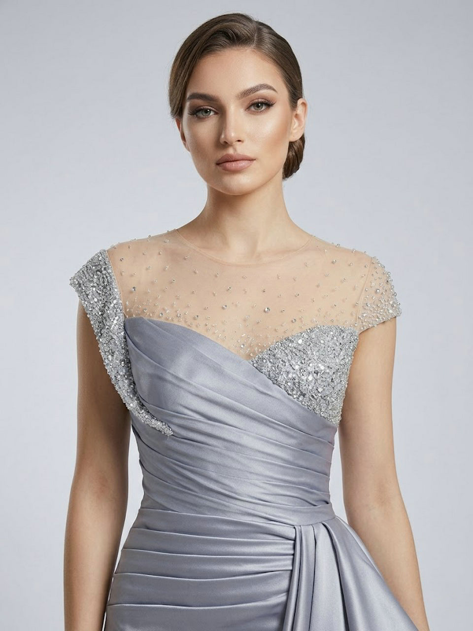 Grey Satin Column Evening Gown with Crystal Beading Bodice & Side Drape MB40453