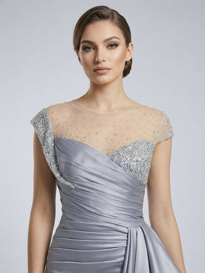 Grey Satin Column Evening Gown with Crystal Beading Bodice & Side Drape MB40453