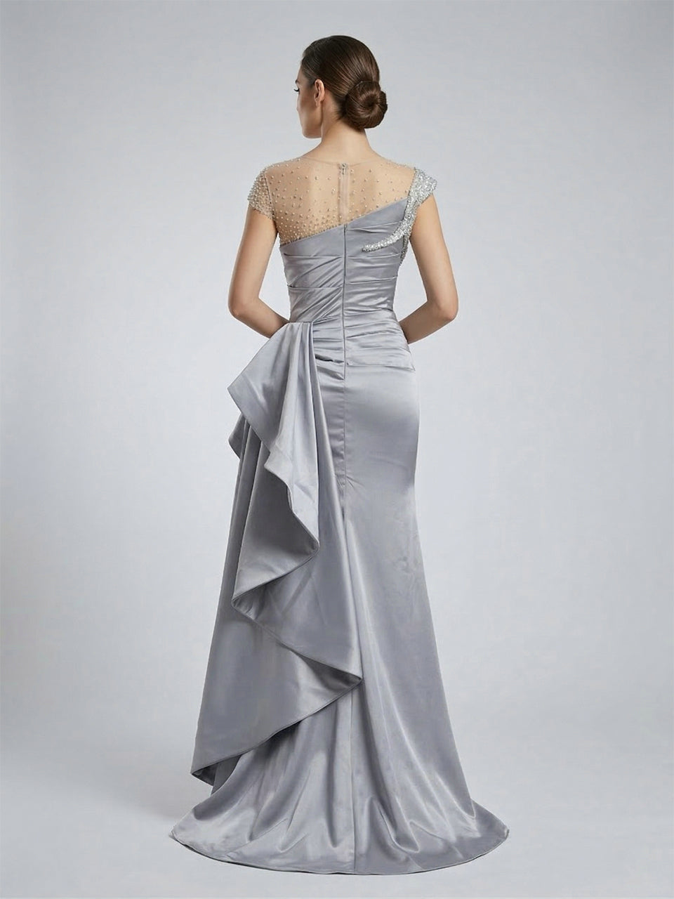 Grey Satin Column Evening Gown with Crystal Beading Bodice & Side Drape MB40453